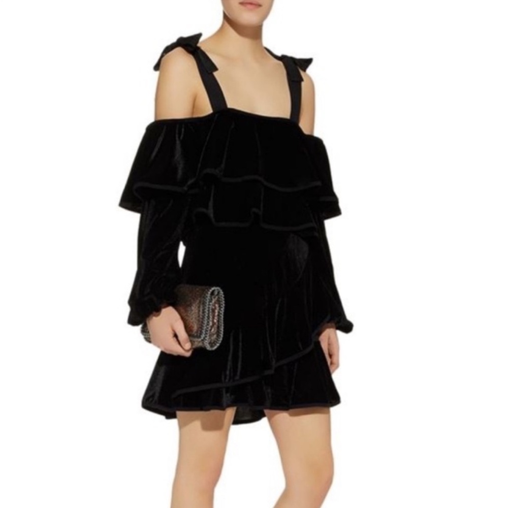 Petersyn Tasha Velvet Tiered Ruffle Dress In Onyx Black
